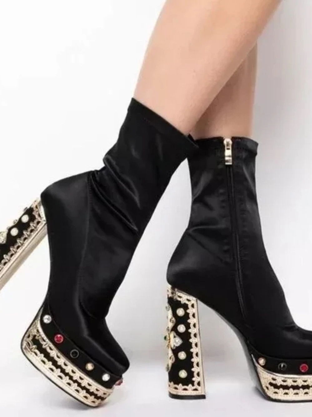 Azalea Wang Black Embellished Platform Ankle Boots Cross Jewel Heels